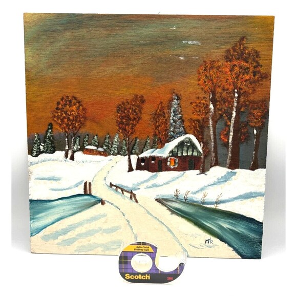 Winter Scene Painting Hand Painted Original Acrylic Rough Wood Raw Edge Signed - Picture 11 of 11